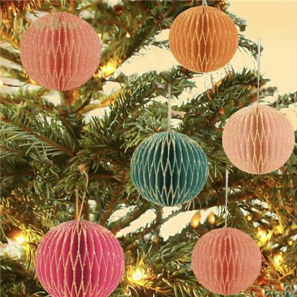 NEW West Elm 6 Piece Boho Glitter Paper Christmas Tree Ornaments Set Decor - 3